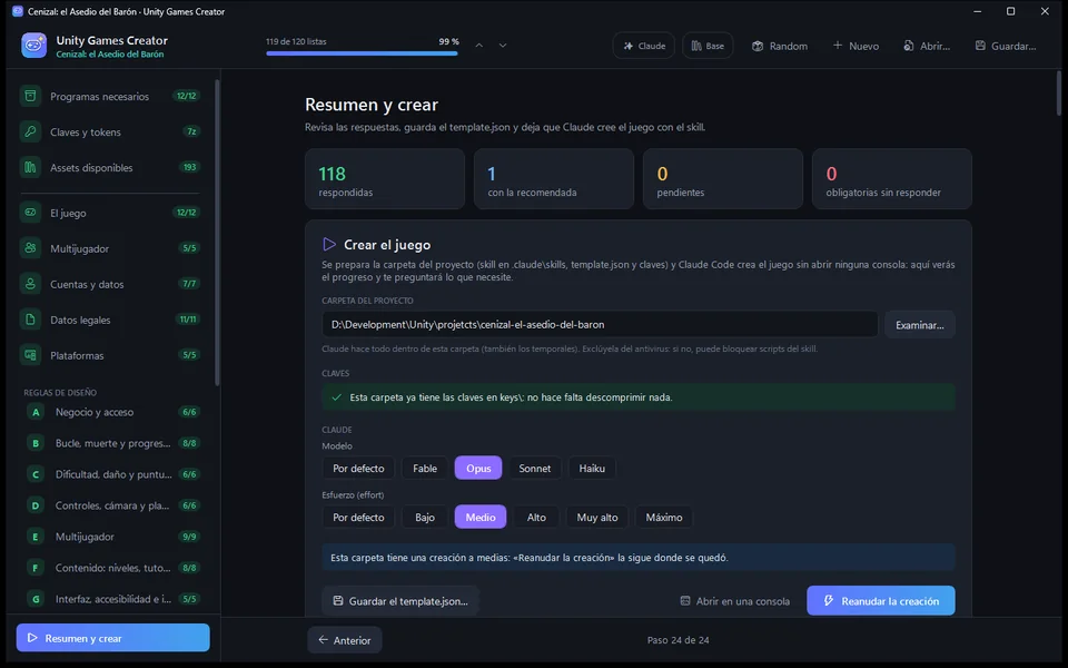 Captura de Unity Games Creator: resumen y crear.
