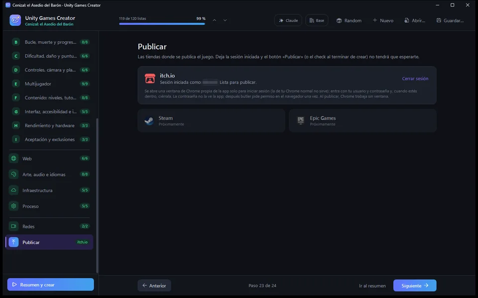 Captura de Unity Games Creator: publicar.