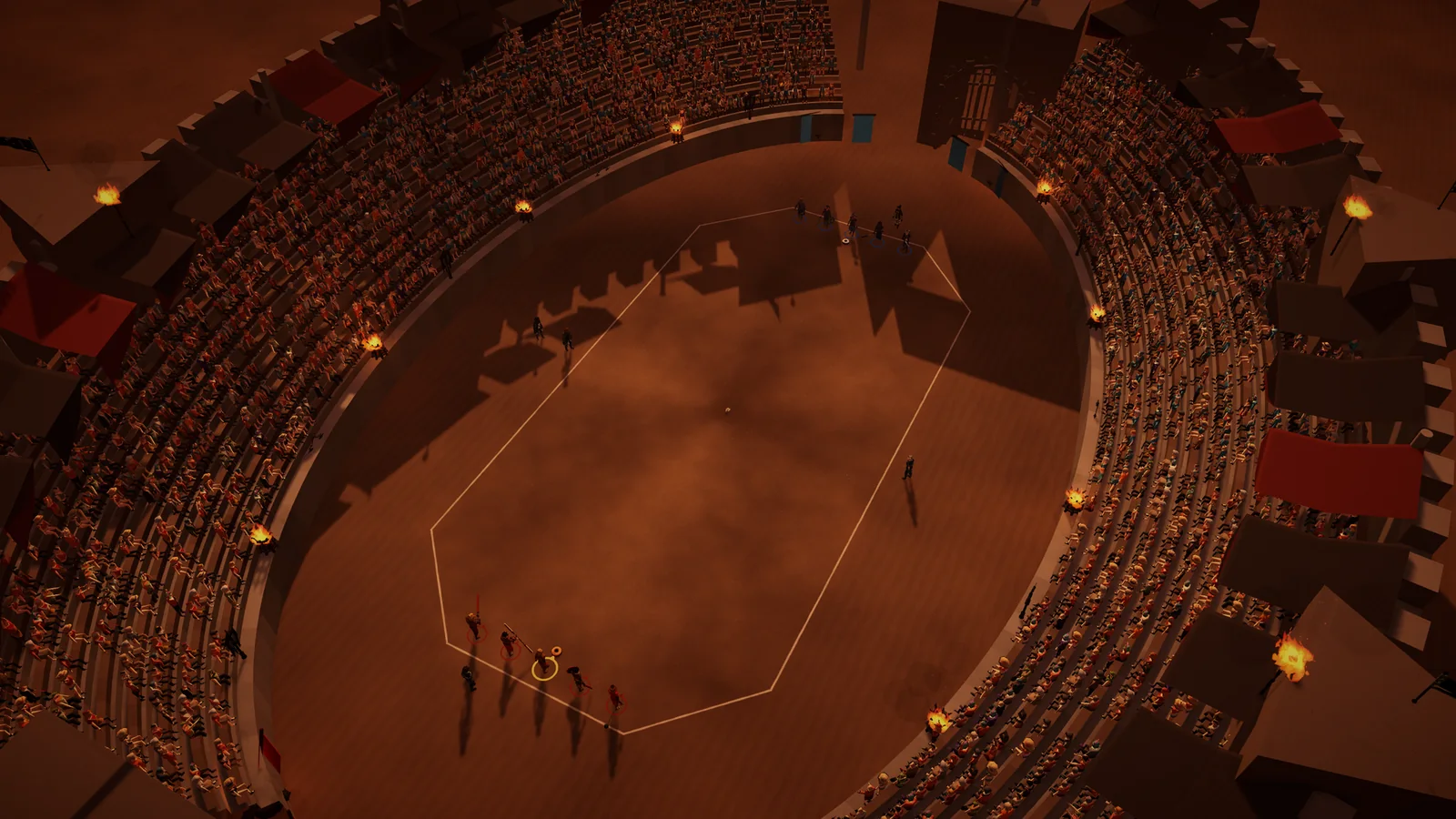 JuggerMaster: vista aérea de un coliseo de noche, iluminado con antorchas, con la pista marcada en la arena.