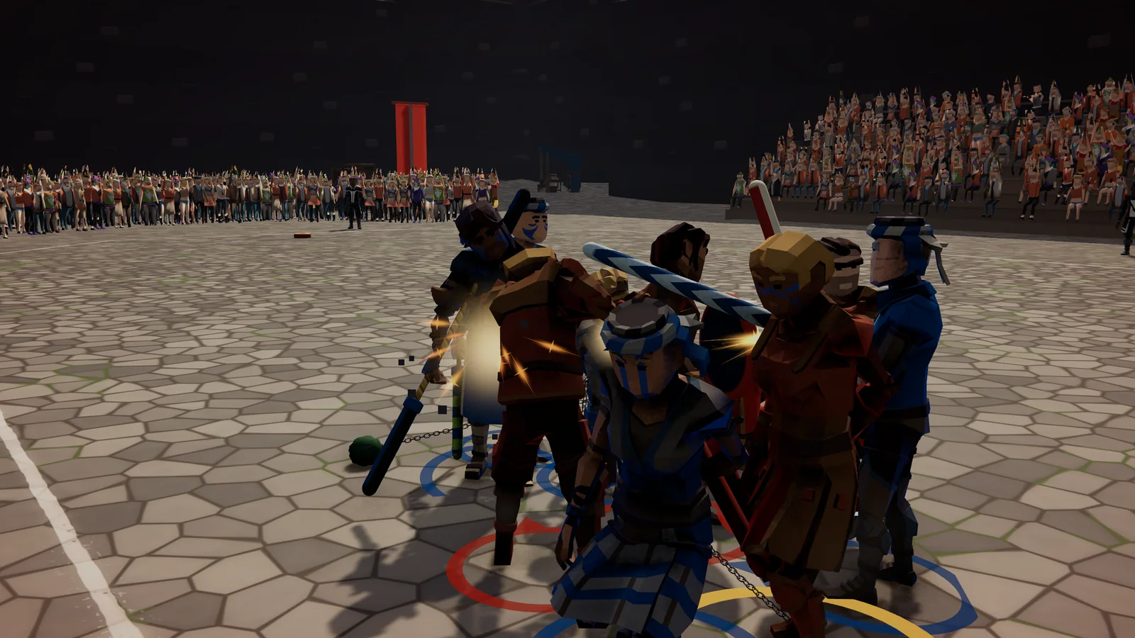 JuggerMaster: los dos equipos chocan en el centro de una pista de piedra, rodeados de público.