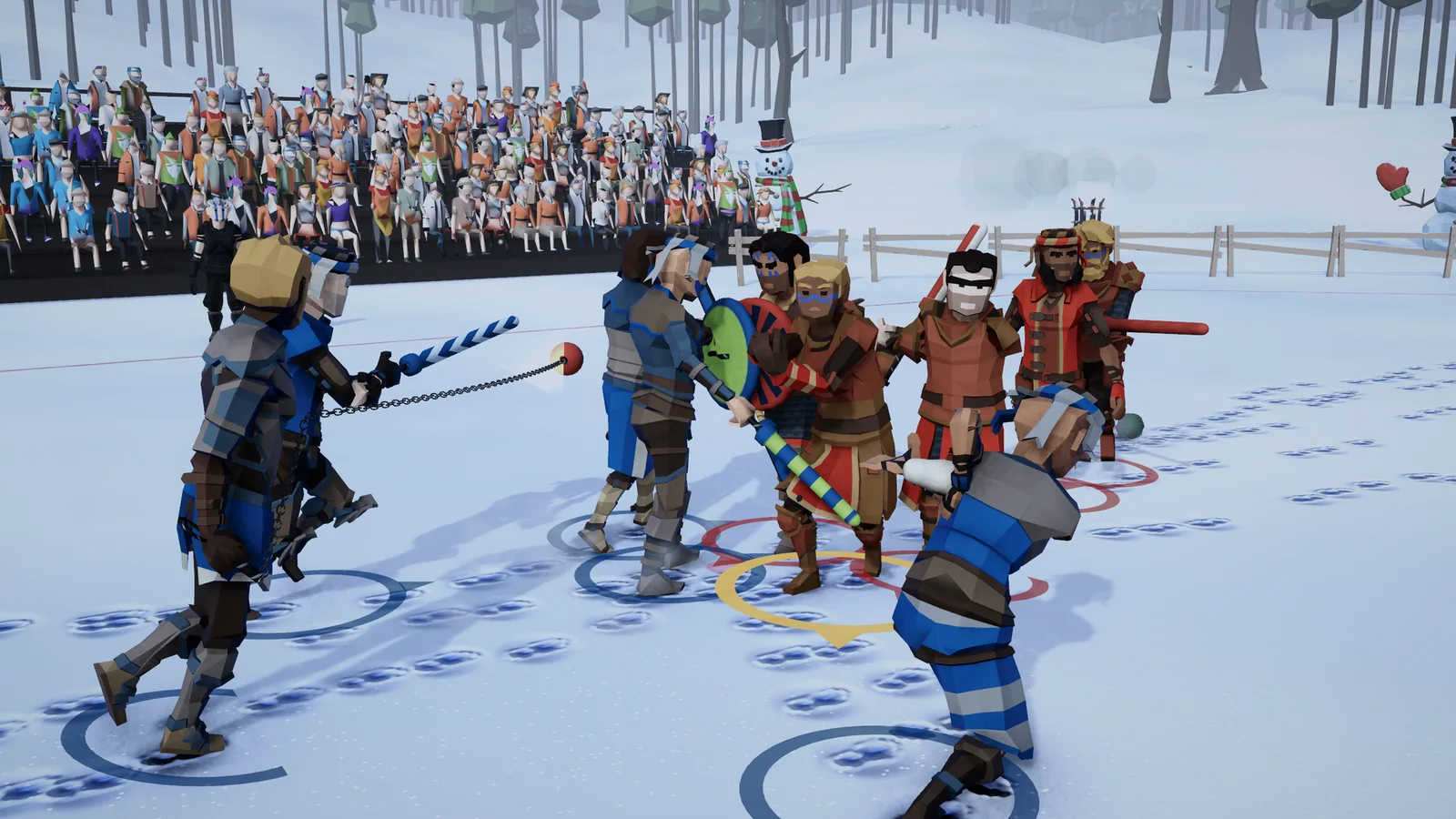 JuggerMaster: partido sobre la nieve, junto a un bosque, con un muñeco de nieve en la grada.